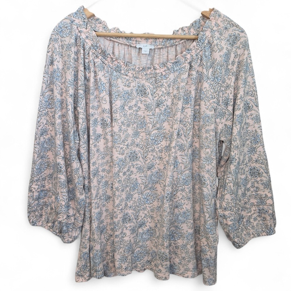 J Jill Top Womens‎ XL Pink Floral Print Off The Shoulder Slub Knit 3/4 Sleeve